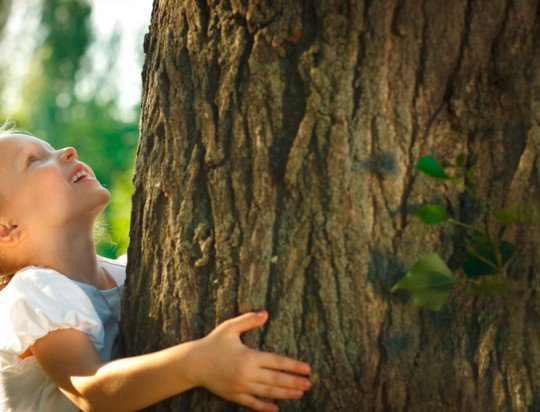 Petite fille qui enlace un arbre